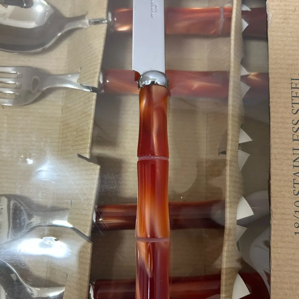 Inox Italian Acrylic Orange Pearl Bamboo 18/10 Flatware Set. 20 Pieces Vintage
